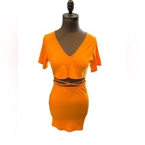 ASOS DESIGN Petite v neck lace up front t-shirt dress in orange 4 NWT